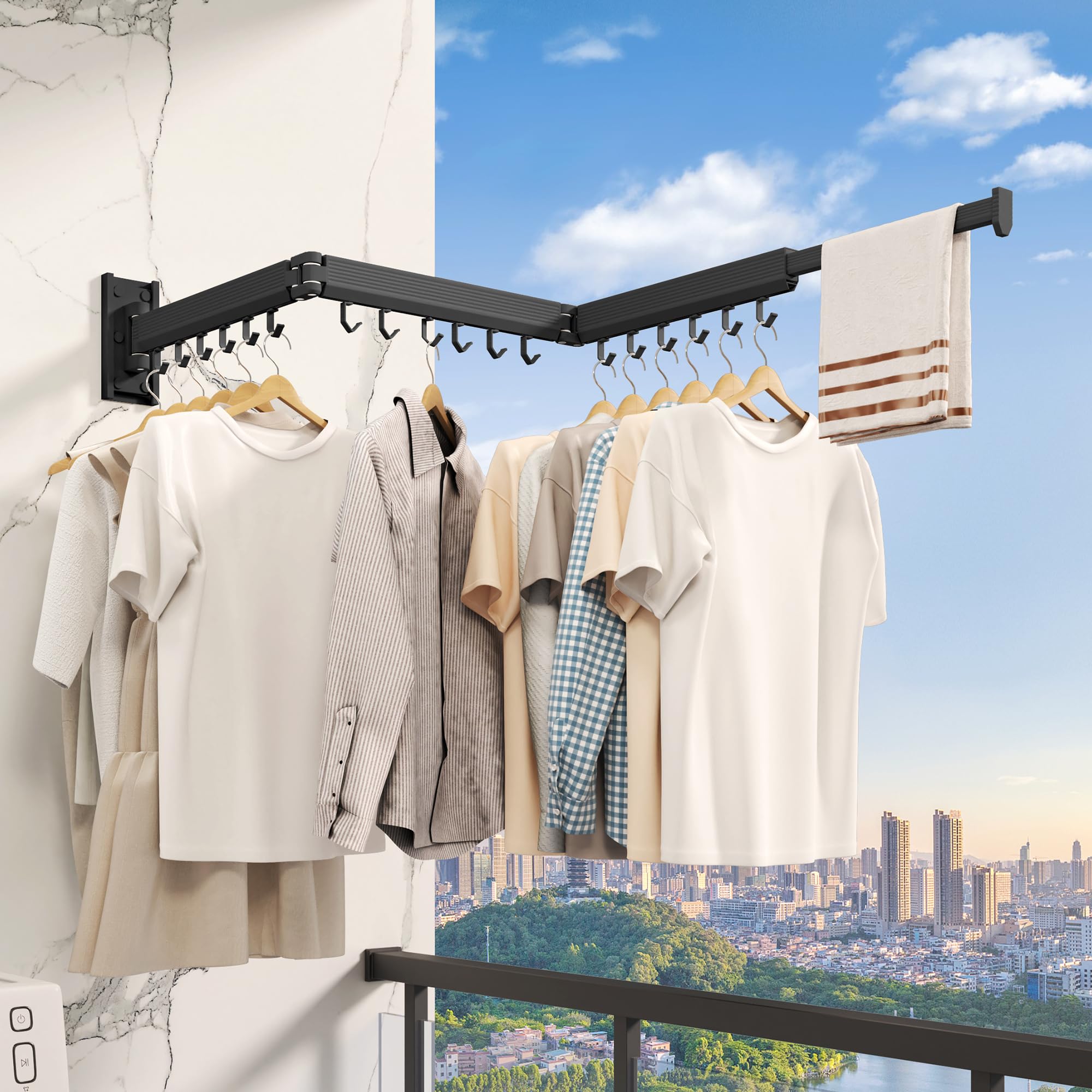CHAHUANV Wäscheständer Wandmontage ausziehbar & klappbar, platzsparender Wand Wäscheständer aus Aluminium, Wand Wäschetrockner für Bad, Balkon & Waschküche, Schwarze Haken 2