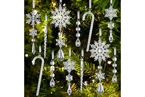 BSTDECOR 24 pcs Crystal Christmas Ornaments, Hanging Acrylic Snowflake for Christmas Tree Decorations Clear Crystal Ornaments with Icicle Drop for Xmas Decor New Year Party Wedding Home Decor Indoor Outdoor