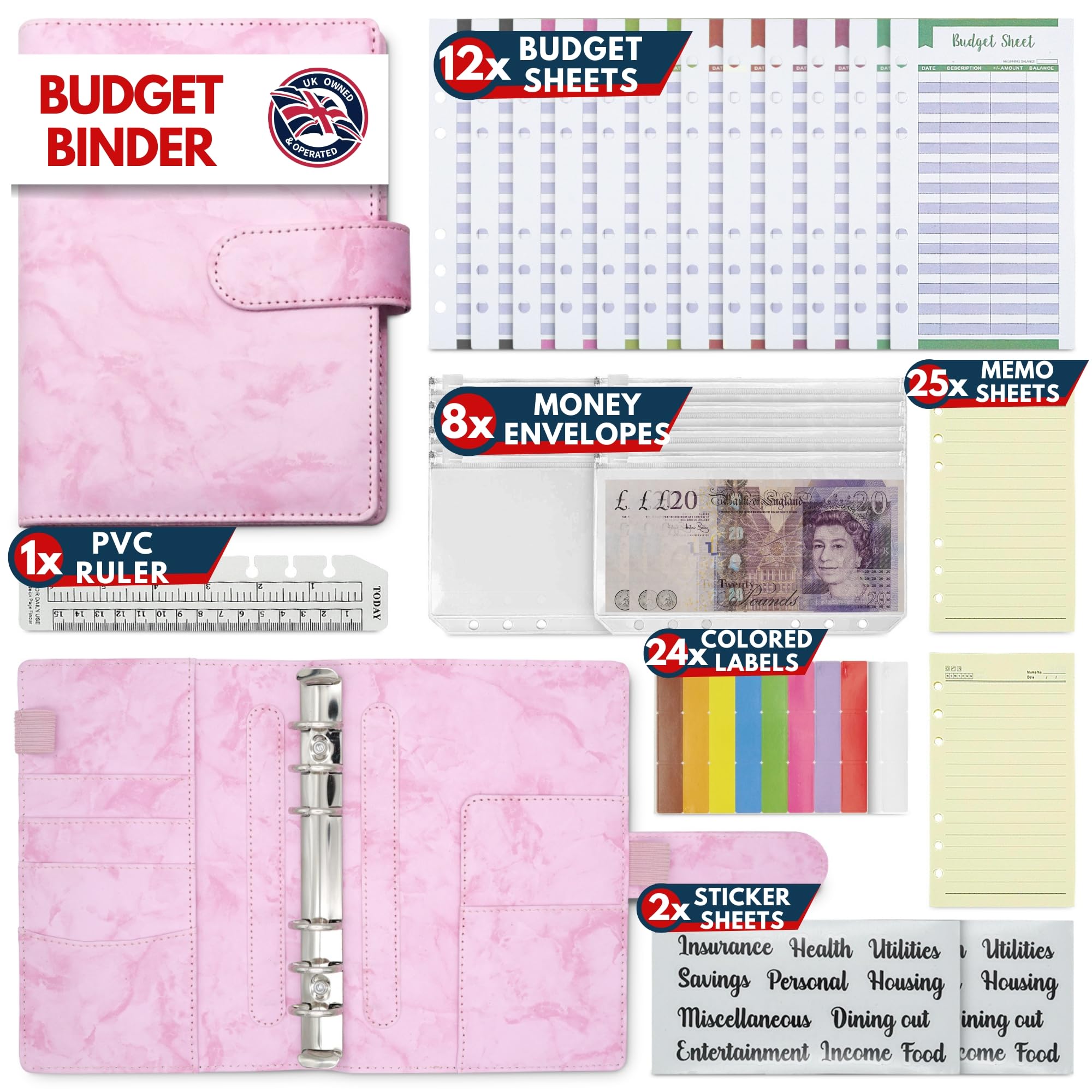 KASTLO A6 PU Leather 51pcs Budget Binder Notebook - Money Saving Wallet Organizer with Plastic Money Wallet, Label Stickers, Ruler - Budget Planner & Cash Envelopes - Pink
