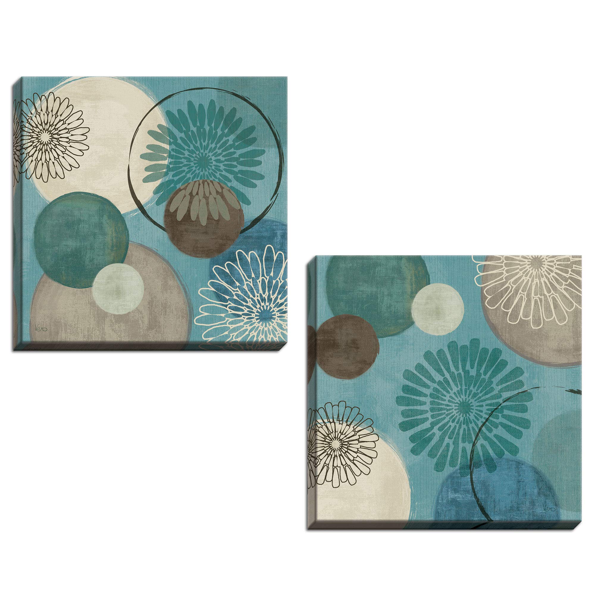 Gango Home Décor Lovely Teal and Brown Abstract Circle Patterned Set by Daphne Brissonnet; Two 12x12in Hand-Stretched Canvases