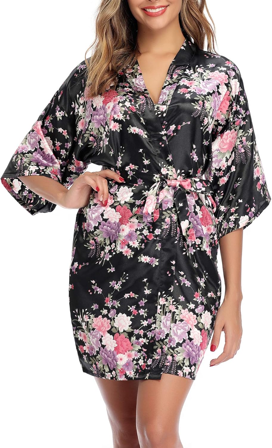 Sykooria Femme Kimono Robe de Nuit Peignoir Satin Fleur Sexy Robe de