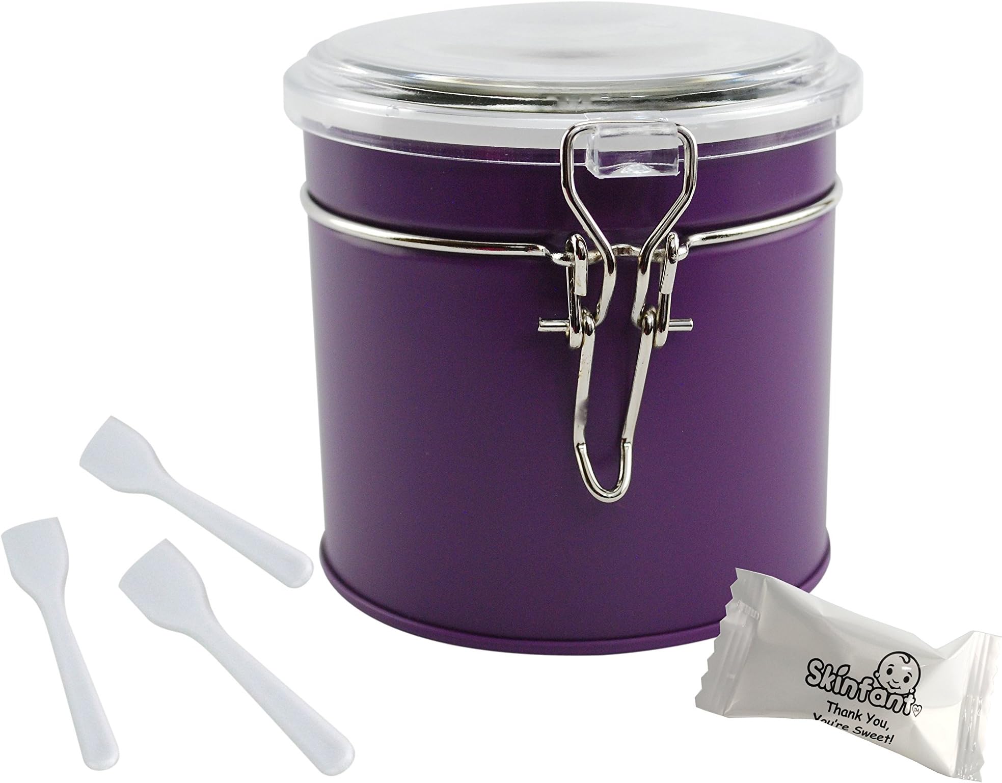Mini Cosmetic Spatula -150 (2.5") Disposable Spatulas - Stocking Stuffer - In Purple Hermetic Jar, Refillable Container - 4 Colors To Choose From! - By Skinfant
