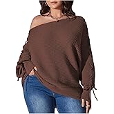 SOLY HUX Plus Size Off The Shoulder Sweaters for Women Lace Up Long Sleeve Knit Pullover Tops