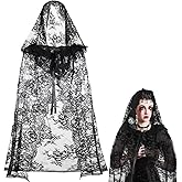 Silicherry Witch Black Hooded Cloak for Women Gothic Lace Snake Pattern Short Sheer Cape for Vampire Cosplay Costume