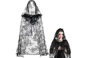 SILICHERRY Halloween Witch Black Hooded Cloak for Women Gothic Lace Snake Pattern Short Sheer Cape Vampire Cloak for Cosplay Costume