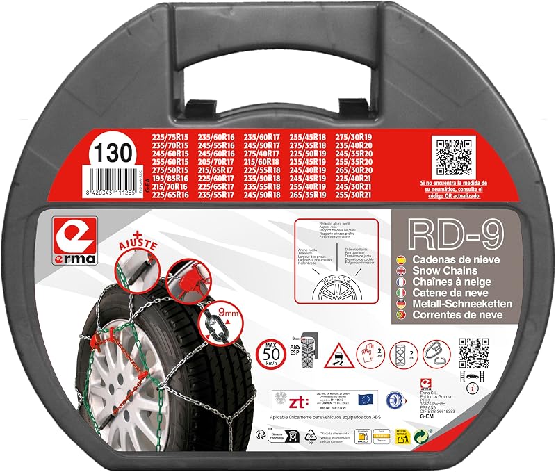 - Cadenas de nieve metálicas RD9 mm, talla Nº 130, set 2 uds, guantes incluidos
