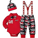 AGAPENG Baby Boy Valentines Day Outfit My First Valentines Day Gentleman Romper Onesie with Bow Tie Heart Suspender Pants Hat