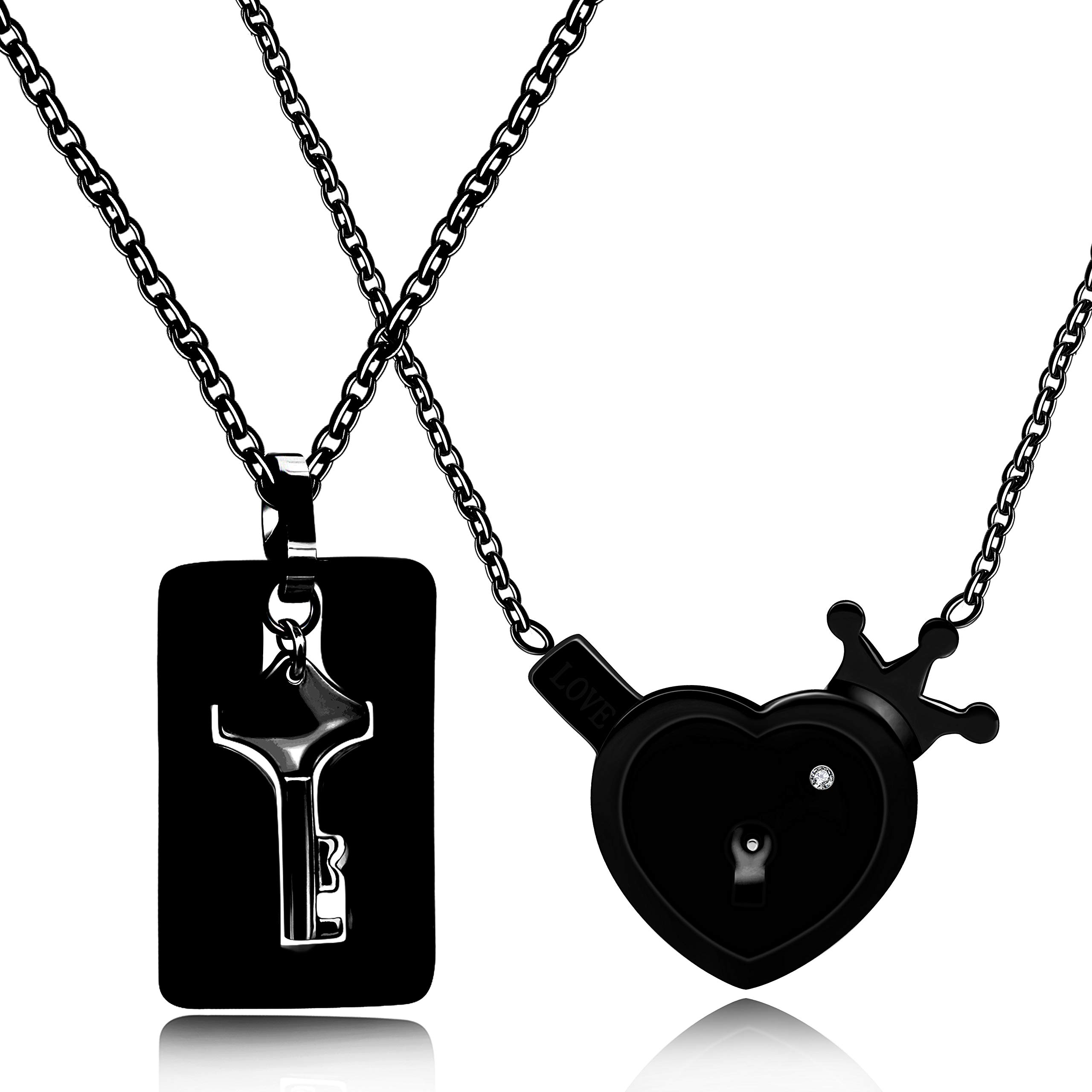 Uloveido Stainless Key to Heart Couples Jewelry, Crown Tag Love Lock & Shield Key Pendants Necklaces Set for Him and Her Y844-Black — image 1
