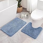 MIULEE Blue Bathroom Rugs Set 2 Piece, Soft Absorbent Microfiber Bath Mat and U-Shaped Contour Toilet Rug, Non Slip Quick Dry Washable Plush Shaggy Bath Rugs for Bathroom，20"x20"+20"x30"
