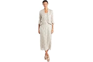 R&M Richards Womens Two Piece Lace Long Jacket Dress Missy