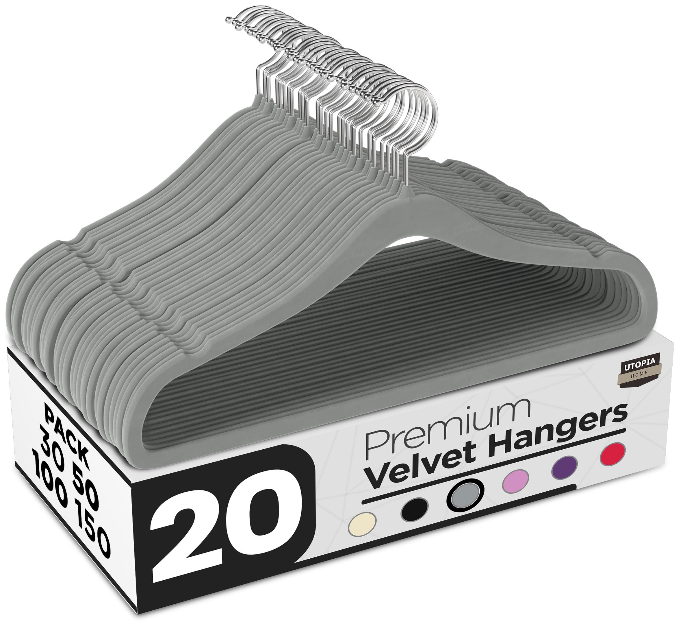 Utopia Home Velvet Coat Hangers Adult - Heavy Duty Non-Slip Premium Velvet Hangers for Clothes - 360 Degree Swivel Hook, Grey, Pack of 20