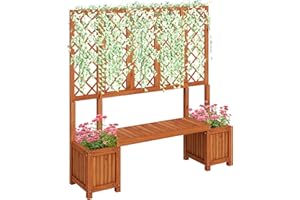 Outsunny Wood Garden Bench with Trellis for Climbing Plants and 2 Planter Boxes, Outdoor Planter with Bench and Privacy Scree
