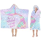 Mermaid Hooded Beach Towel for Girls - Kids Poncho Towel With Tail, Soft Absorbent Bath Towel With Hood, Pink Scales, 30"x50" - Bathrobe for Swim Pool Bath
