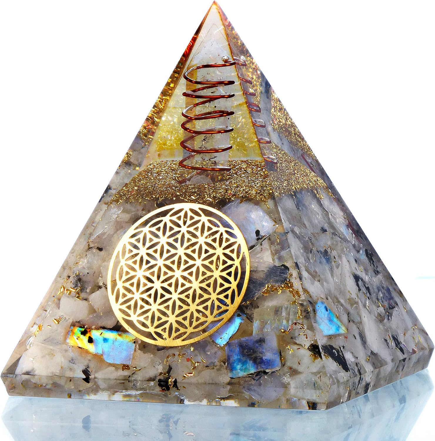Mixed Media - Orgone Pyramid for Success – New Inspirational Rainbow Moonstone Orgonite Pyramid for Anti-stress – Orgonite Orgone Pyramid Crystal for Positive Energy, Calmness, Growth, Wealth – Crystal Pyramid