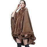 SUFCOMOU Faux Fur Shawl Wrap Women Poncho Cape Faux Fur Trim Coat Sleeveless Cardigan Dressy Cloak for Party