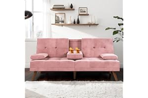 JAMFLY Futon Couch Sofa Bed Convertible Small Loveseat Sleeper with Cup Holder, Wood Legs, Removable Armrests for Small Spaces, Living Room, Apartment, Dorm (Pink)