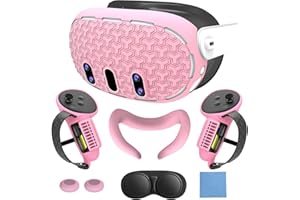 VR Cover Accessories Set Compatible with Meta Quest 3, MLemonVR Silicone Face Cover, VR Shell, Controller Grips, Protective Lens Cover, Button Caps, Nose Guard + Cloth - TPU (Pink)