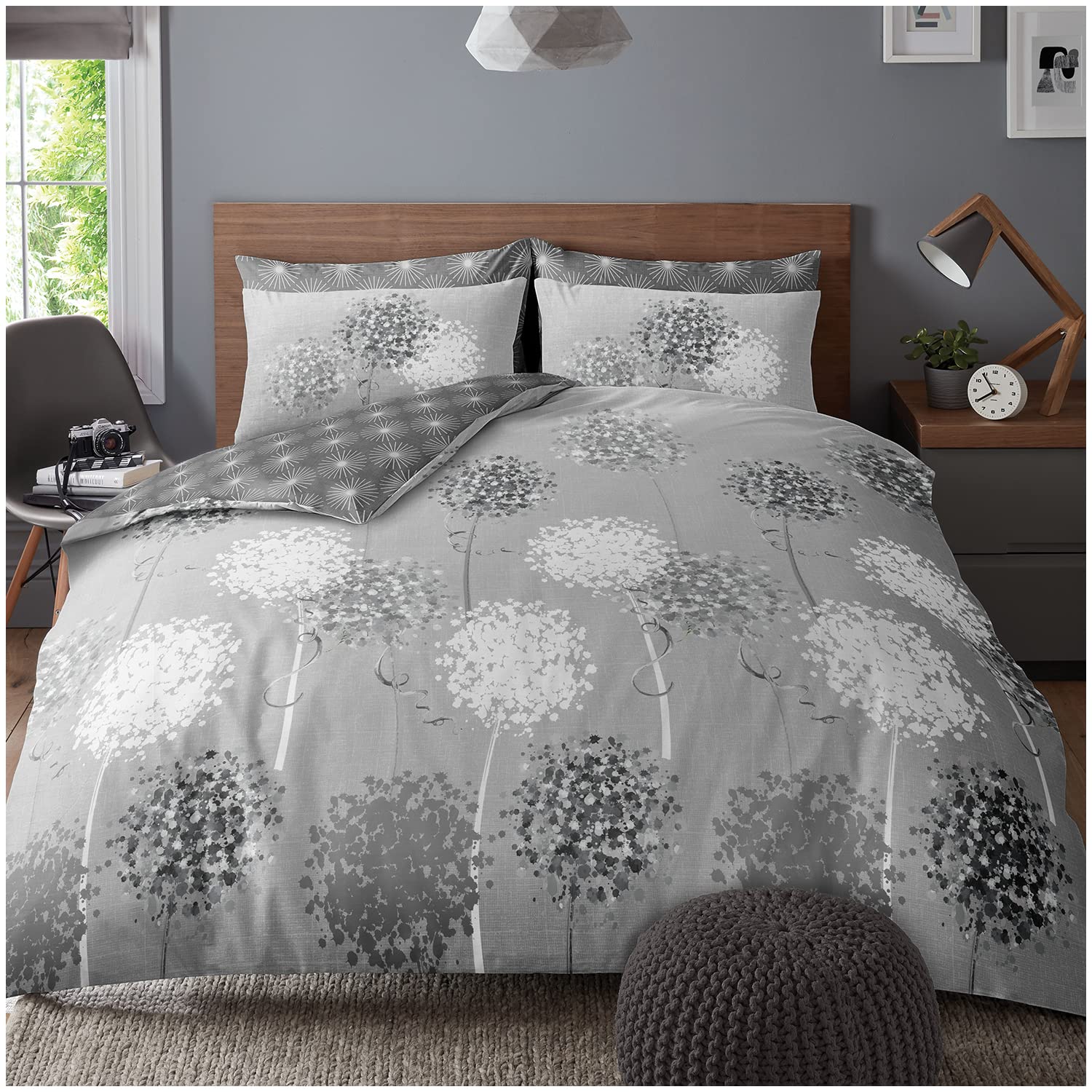 Super Dreamer Botanical Duvet Cover, Fitted Sheet With Pillow Cases, 4 Piece Floral Bedding & Linen, Complete Bed Set King Size, Grey, 11693734