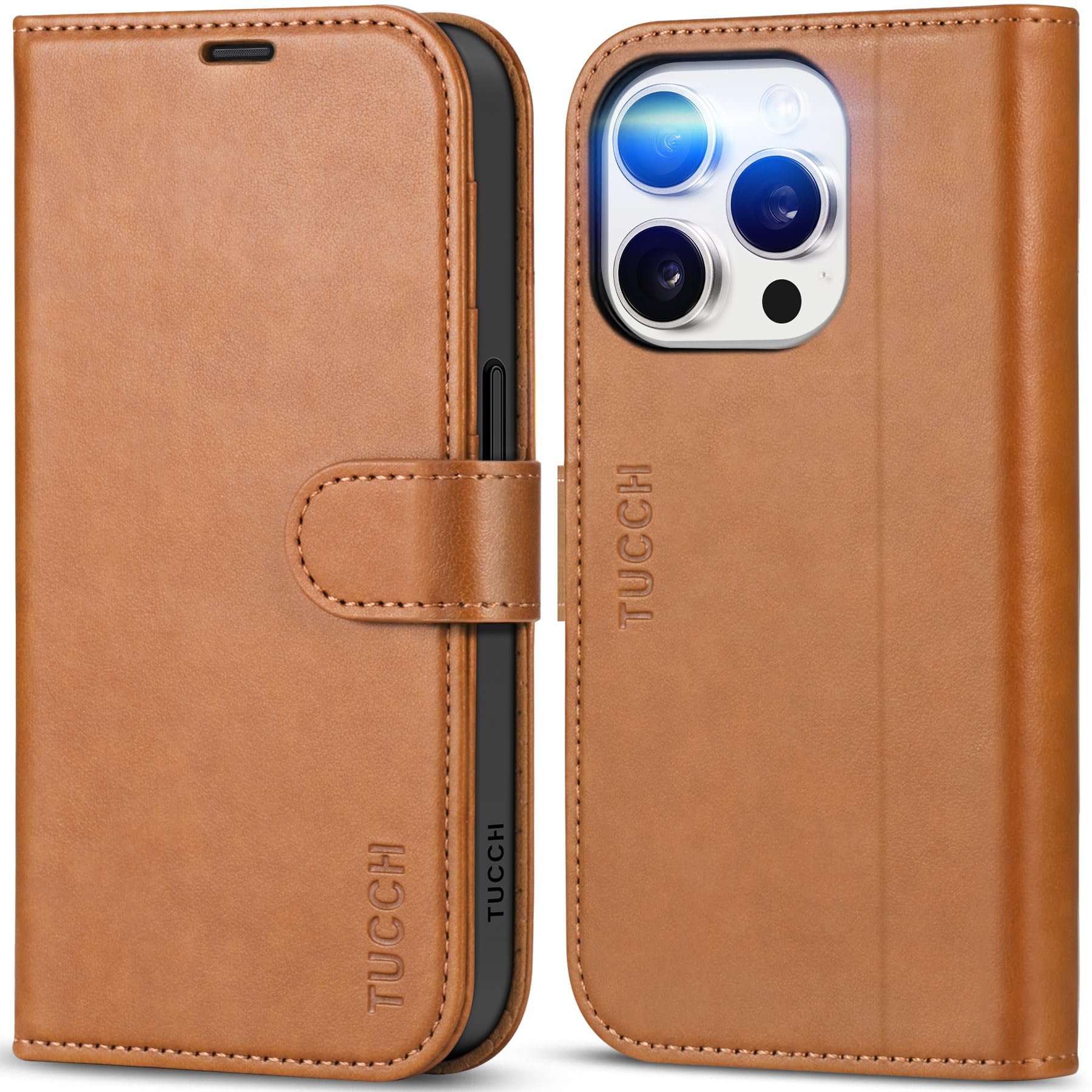 TUCCH Case for iPhone 15 Pro (6.1") 2023, Magnetic PU Leather Protective Wallet Folding Case with [RFID Blocking] Card Slot[Shockproof TPU] Stand Flip Cover Compatible with iPhone 15 Pro, Light Brown