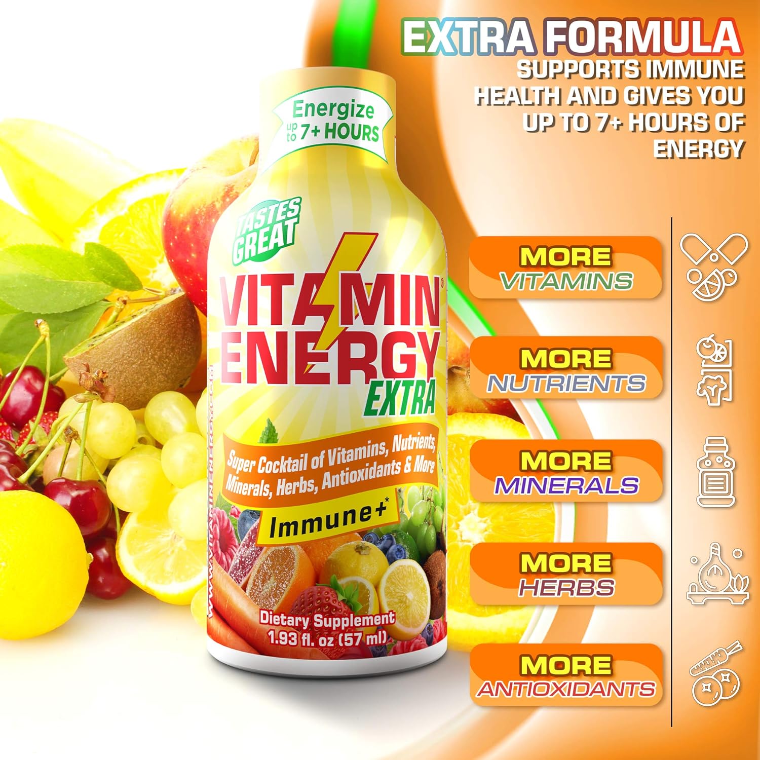 (12 Pack) VitaminEnergy™ Extra Immune+ Energy Shots, Last up to 7+ Hours. Citrus Energy Drink w/Vitamin Supplements Super Cocktail - Nutrients, Minerals, Herbs, Antioxidants Keto Drink, 1.93 fl oz ea: Health & Personal Care