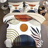 WeCozy 7 Pcs Queen Size Comforter Set with 2 Pillowcases & 2 Shams, Mid Century Bedding for Adults, Sun Boho Geometric Rainbow Bed in a Bag with Flat Fitted Sheet