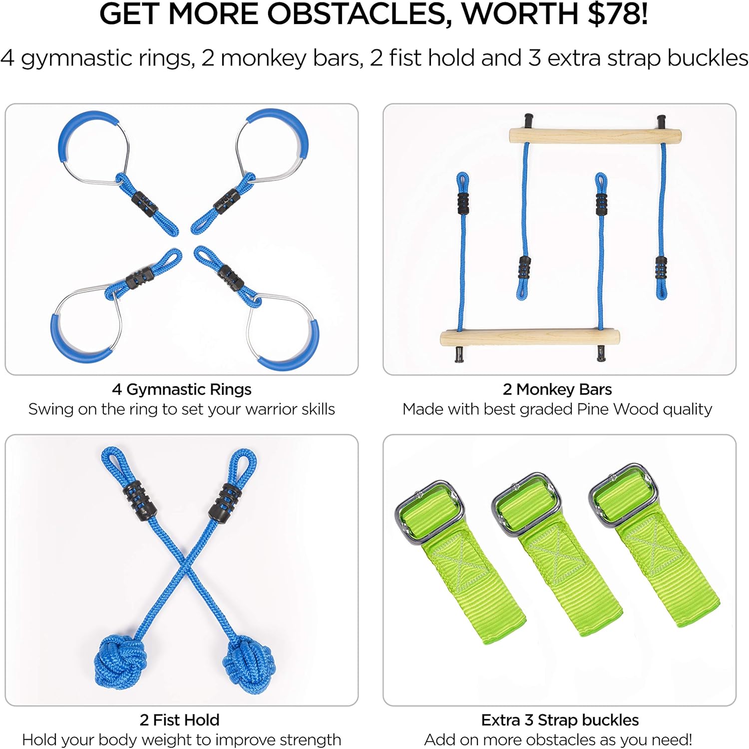 Ninja Obstacle Course Line Kit 40’ Slackline 8 Hanging Obstacles with Adjustable Buckles Tree Protectors Carry Bag Capacity 300lbs Outdoor Backyard Fun for Ninja Warrior Kids Adults Family: Sports & Outdoors