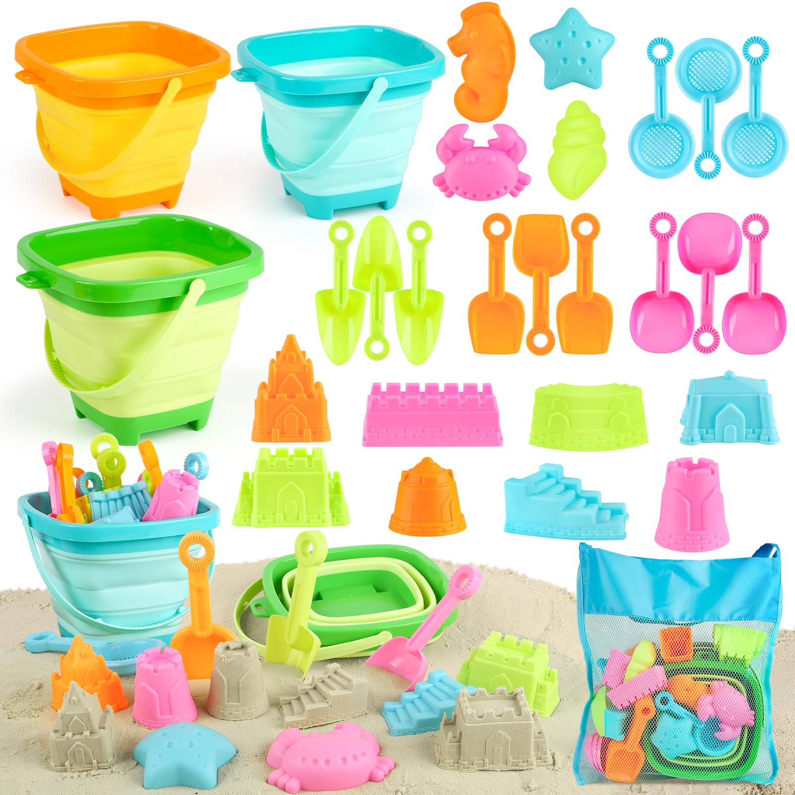 YIMORE Beach Toys Set for Kids 28 PCS Sand Bucket and Spade Beach Set Kids, Play Sand Toy with Shovels and Sea Animal Soft Molds, Outdoor Toys for Toddles Age 3 4 5