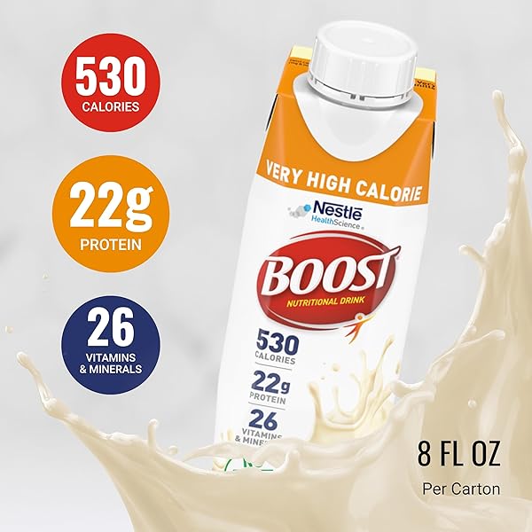 BOOST VERY HIGH CALORIE VANILLA NUTRITIONAL DRINK – 22G PROTEIN, 530 NUTRIENT RICH CALORIES, 8 FL OZ (PACK OF 24)