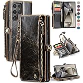 Defencase Compatible with Samsung Galaxy S24 Ultra Case Wallet with RFID Blocking Card Holder for Women Men, PU Leather Magnetic Snap Flip Zipper Strap Phone Case Fit for Galaxy S24 Ultra 5G, Coffee