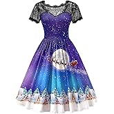 Women's Christmas Lace Short Sleeve Holiday A Line Knee Length Dress