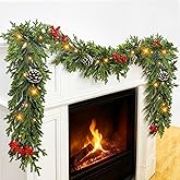 6FT Pre-lit Christmas Cedar Garland with 20 Warm White LEDs Timer Red Berries Pinecones and Soft Vine, Lighted Christmas Garland for Mantle, Table, Fireplace, Wall, Stairs, Indoor, Outdoor Xmas Decor