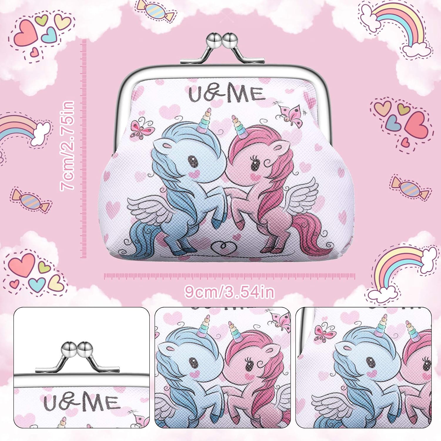 2 Pieces Girls Purses for Kids Unicorn Coin Purse Children Faux Leather Coin Bags Portable Jewelry Pouch with Kiss Lock Cute Unicorn Rainbow Goodie Bag for Little Girls Kids Birthday Party Favors - Image 3