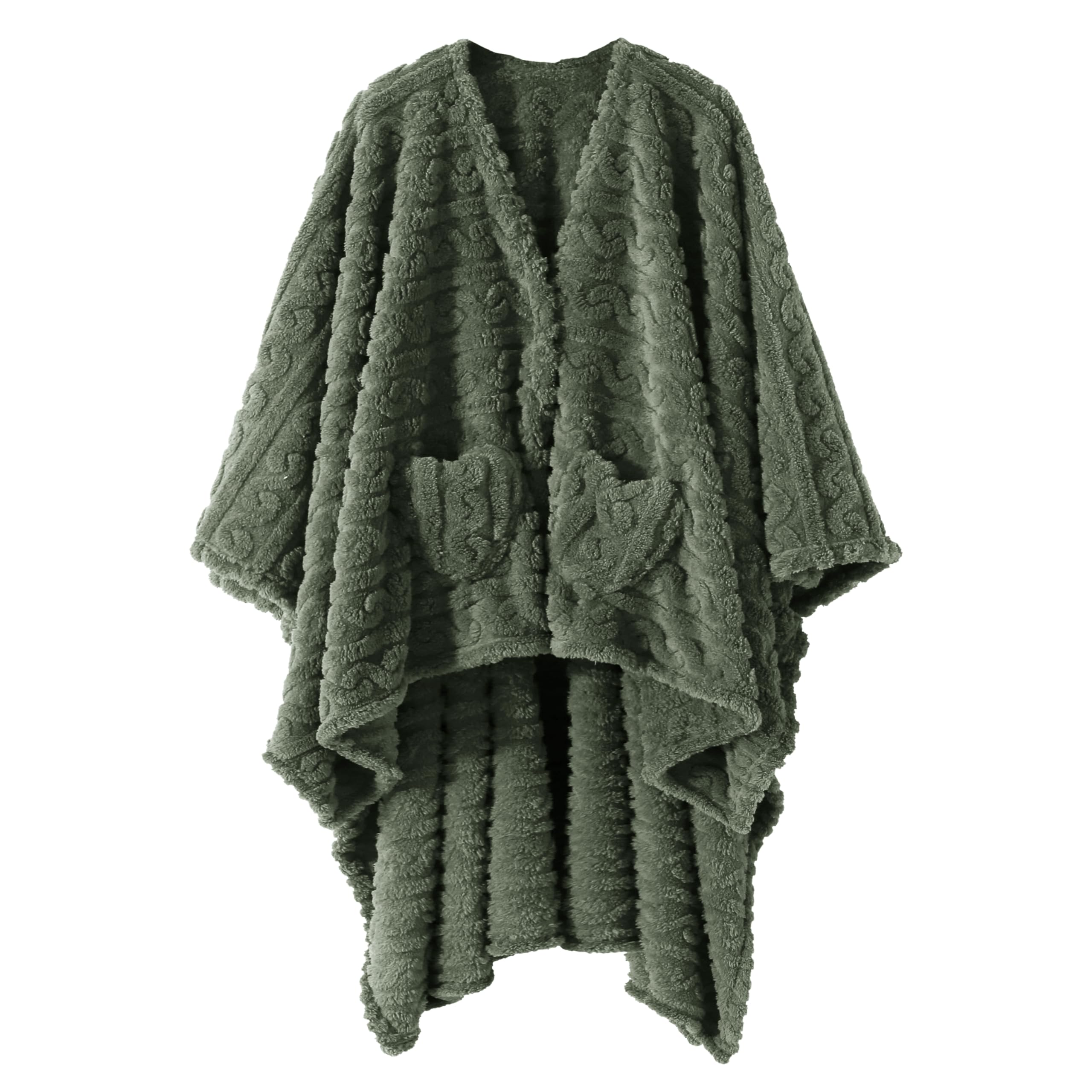 Mowkim Wearable Blanket Sherpa Fleece Shawl Blanket with Pockets for Adults Women and Men, Cozy Shawl TV Throw Blankets (Green, 58'' x 64'')