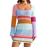Fabumily Women Crochet Knit Mini Dress Long Sleeve Colorful Mesh Cover Ups Casual Sweater Dress Summer Beach Wear