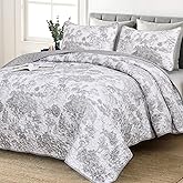 WONGS BEDDING Grey Quilt Set Full Size, 3 Pieces Botanical Bedspreads Set Lightweight Microfiber Grey Toile Plants Pattern Coverlet Home Decor for All Seasons (90"x78")