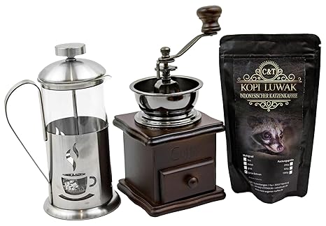 Kaffee Geschenk-Set mit edlem Raritäten-Kaffee '30g Kopi Luwak (von freilebenden Tieren)' Ganze Bohnen, Retro-Kaffeemühle und