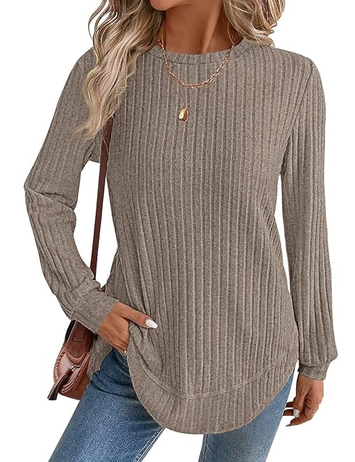 JUSTFASHIONNOW Tunic Tops for Women Loose Fit Dressy Long Sleeve Shirts Crew Neck Pullover Sweaters for Women 2025 Casual Blouses (Grey Brown, X-Large)