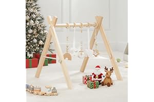 Comfy Cubs Wooden Baby Play Gym - Natural Finish Pinewood Baby Activity Gym with 5 Sensory Hanging Toys - Easy No-Tool Assembly, Safe and Durable for Infant Motor and Visual Development - Natural Wood