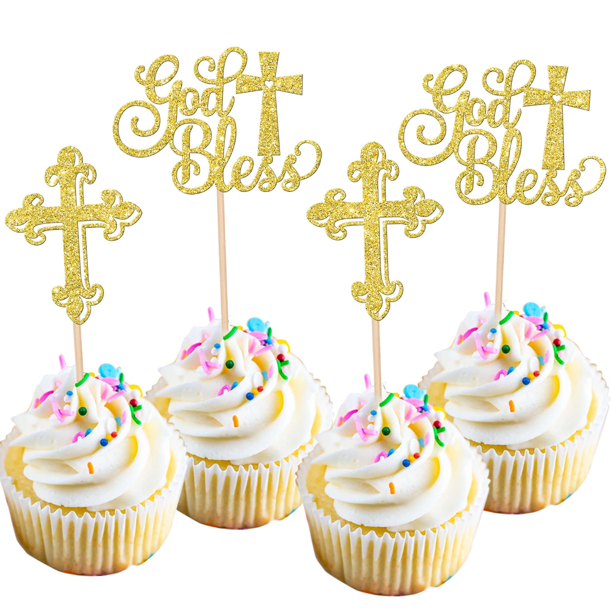 Xsstarmi 24 Pack God Bless Cupcake Toppers Glitter Christian Cross Cupcake Picks for First Communion Baptism Baby Shower Birhday Party Cake Decorations Supplies Gold