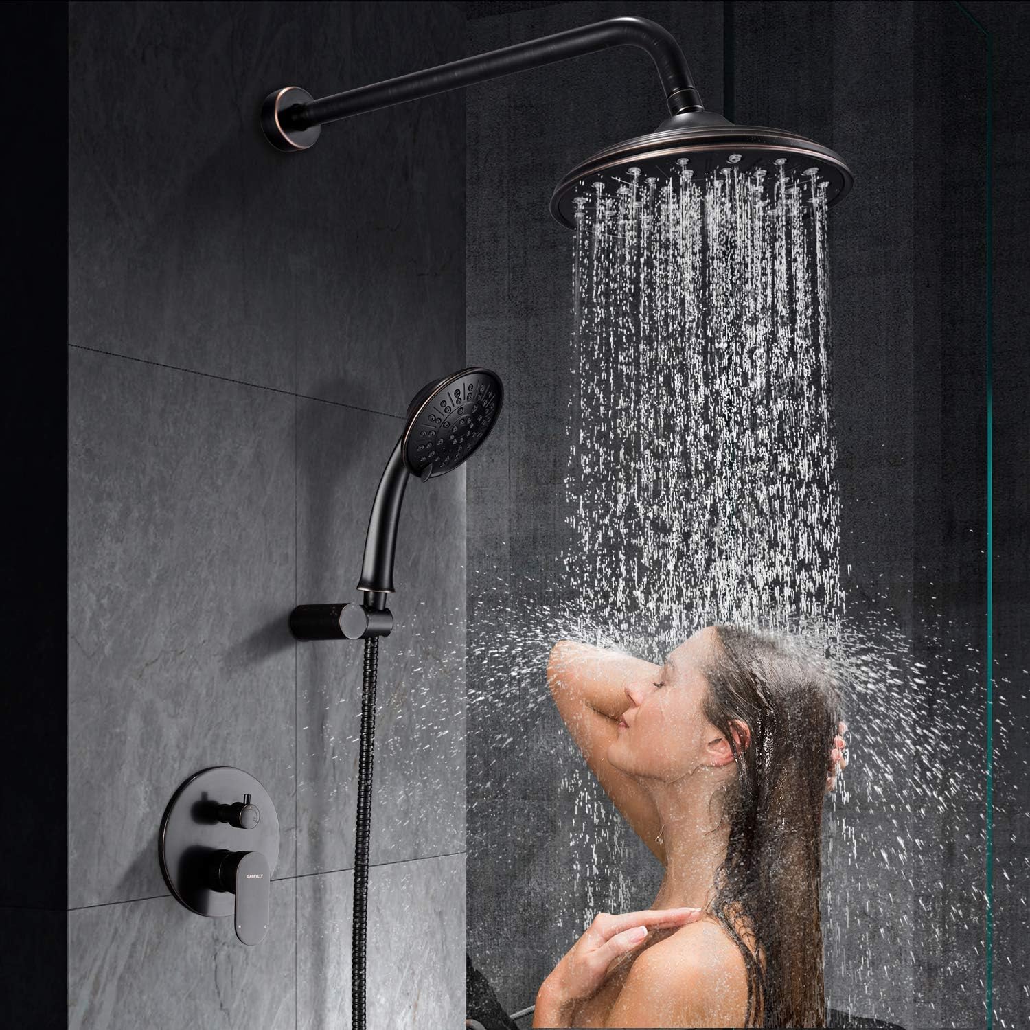 Shower System, Wall Mounted Shower Faucet Set for Bathroom with High Pressure 8" Rain Shower head and 3-Setting Handheld Shower Head Set, Oil Rubbed Bronze (Rough in Valve Included) - - 