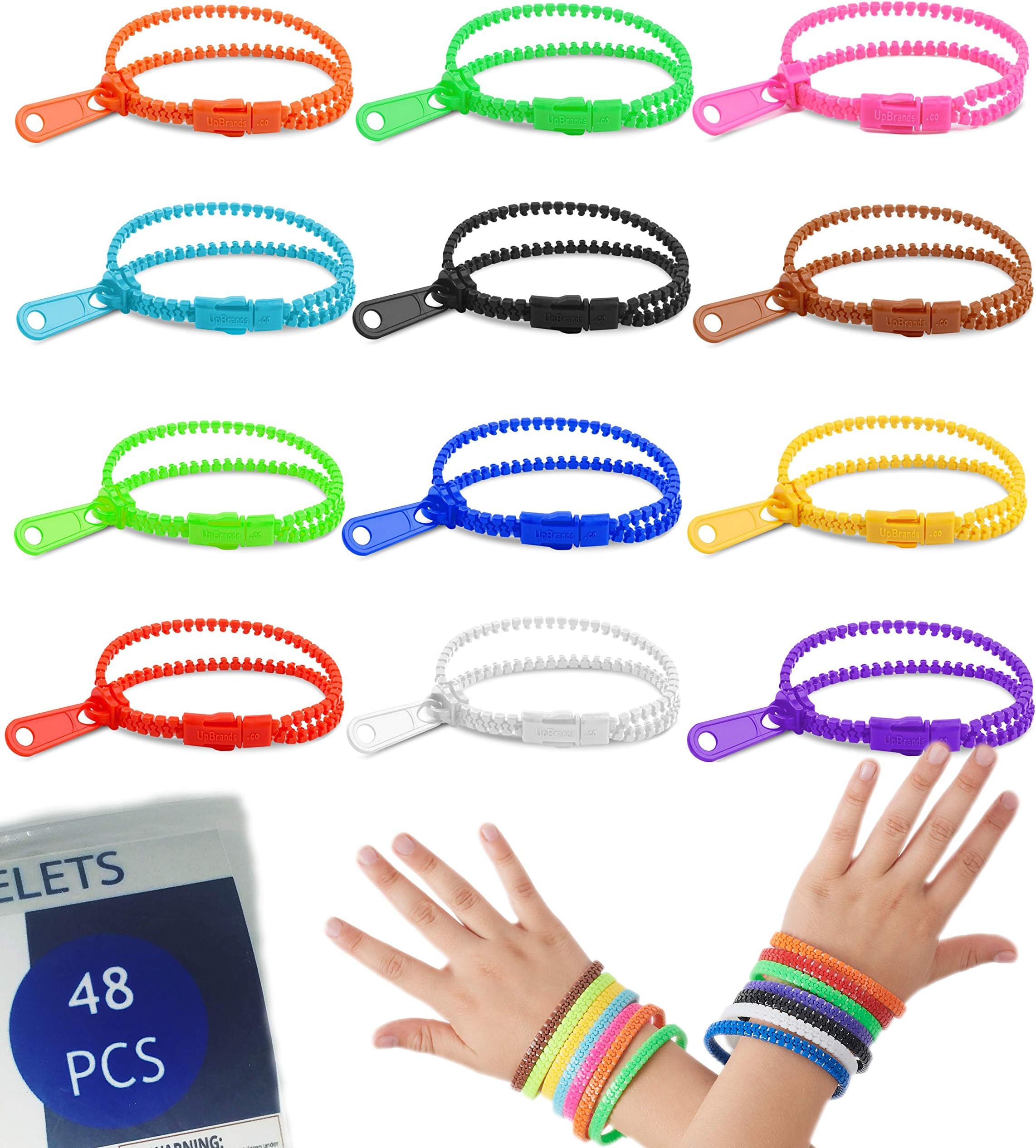 UpBrands 48 Prizes for Kids Zipper Bracelets 7 ยฝโ, Fidget Party Favors for Kids, Sensory Toys Bulk Set, Neon Colors, Birthday Kit, Easter Egg, Treat Bags & Pinata Fillers