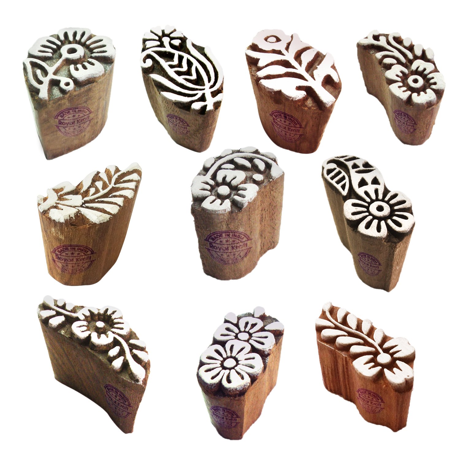 Fabric Wood Stamps Indian Small Floral Design Printing Blocks (Set of 10) Htag2103