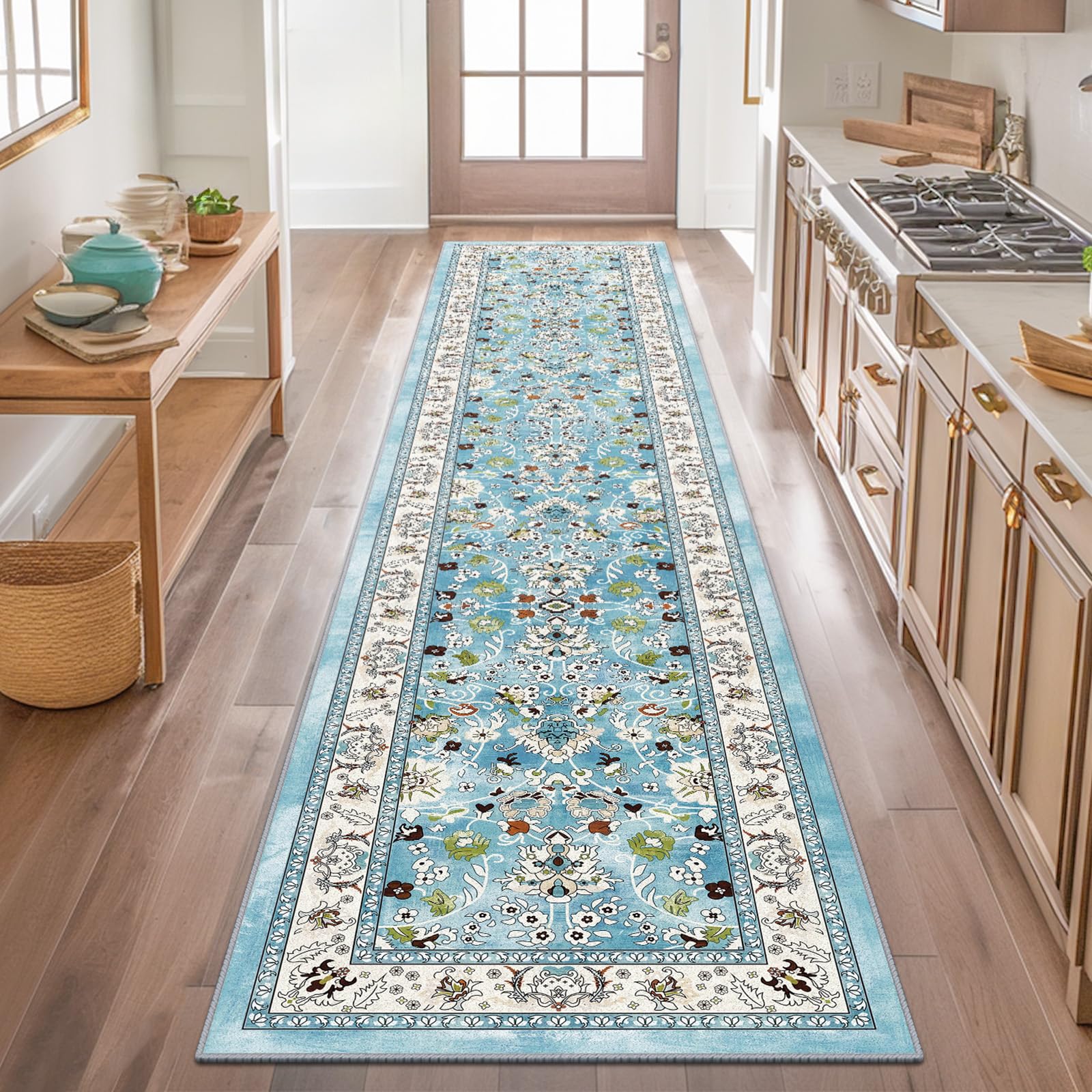 LOKHOM Washable Runner Rug, 2x8 Non Slip Vintage Hallway Runner Rug with Rubber Backing, Boho Floral Soft Faux Wool Kitchen Rug Carpet Runner for Kitchen Laundry Entryway Bedroom (Teal) Image