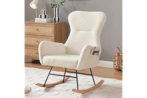 DKLGG Nursery Rocking Chair, Soft Teddy Fabric Rocking Chair Padded Seat with High Backrest for Nursery, Comfy Wingback Glider Rocker with Solid Wood Base for Living Room Bedroom(Beige)