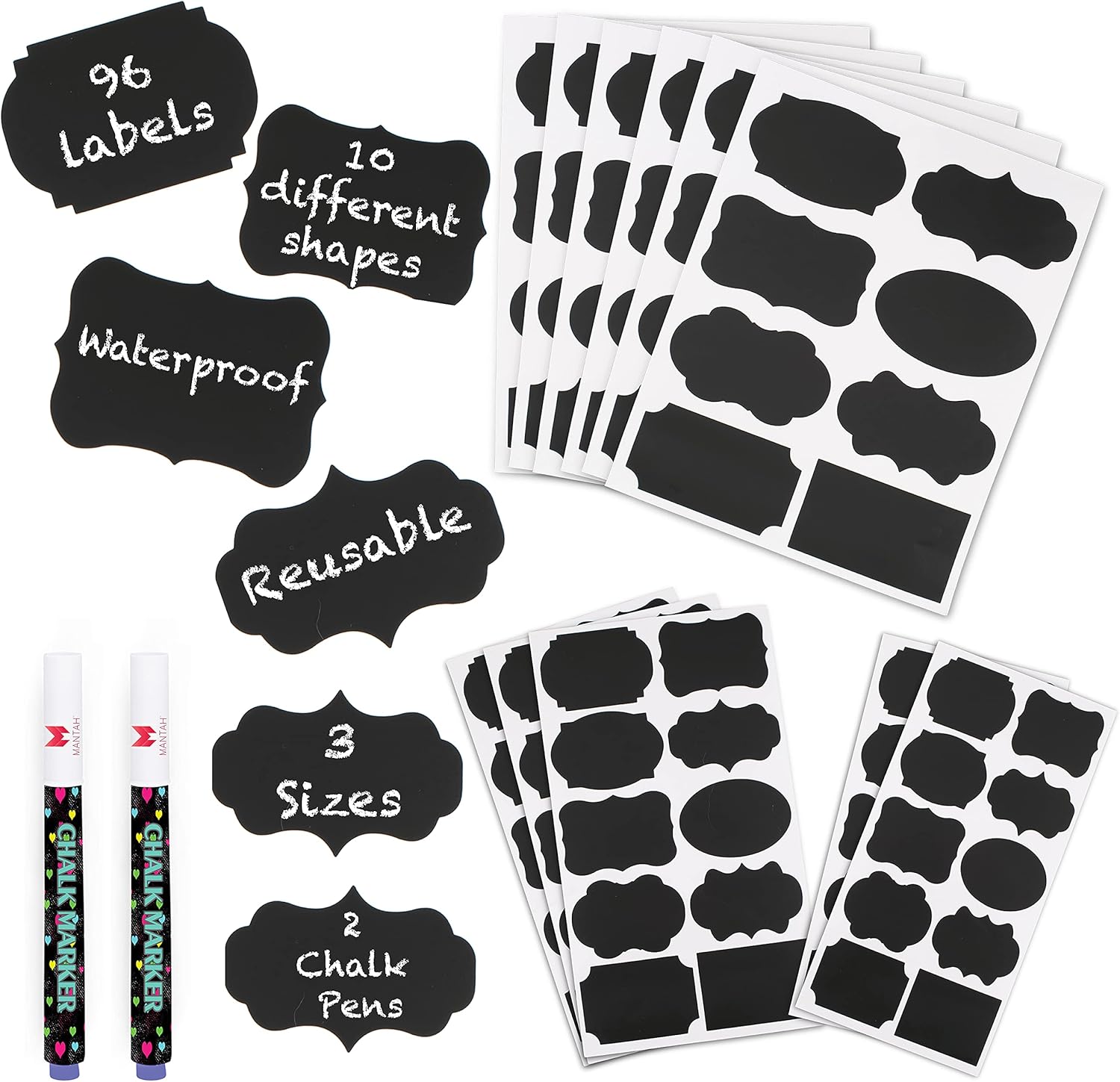 Mantah Chalkboard Label Stickers 96pcs - 9 Assorted Shapes in 3 sizes with Erasable 2 White Chalk Markers, Reusable, Waterproof Labels for Storage Bins, Food Containers, Mason Jars, Kitchen Pantry Use : Office Products