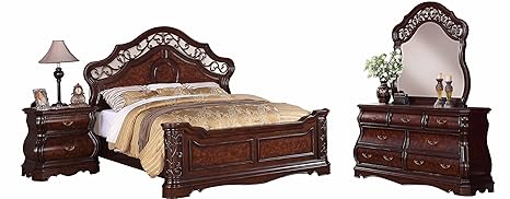 Roundhill Furniture Tuscany Modern 5 Piece Wood Bedroom Set With Bed Dresser Mirror 2 Nightstands King Cherry