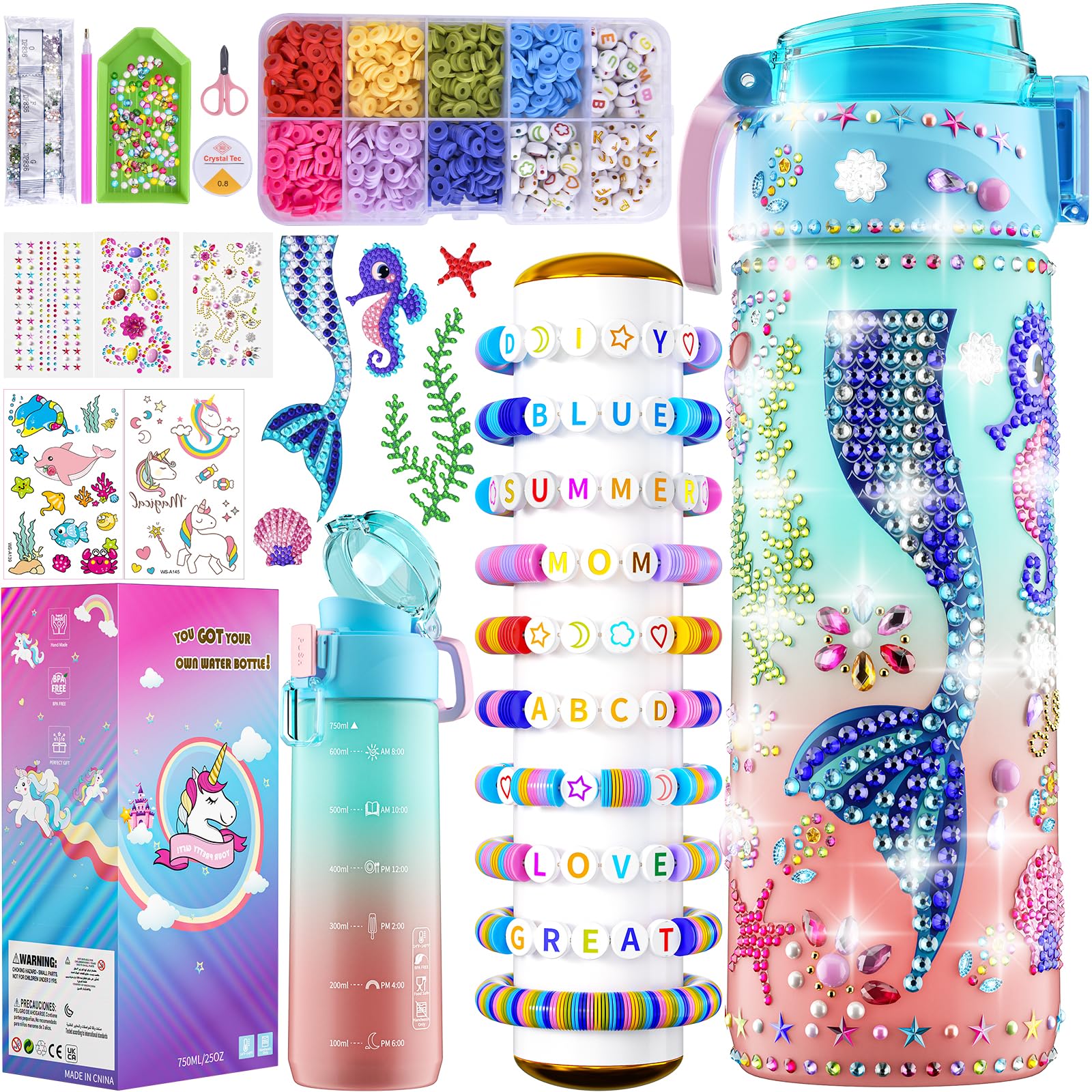 BOOH Gifts for 4-12 Year Old Girl - Decorate Your Own Water Bottle Kits for Girls, Mermaid Painting Diamond Art & Crafts Kits, Clay Beads Bracelet Making Kit, Birthday Gifts Toys for Ages 6-12
