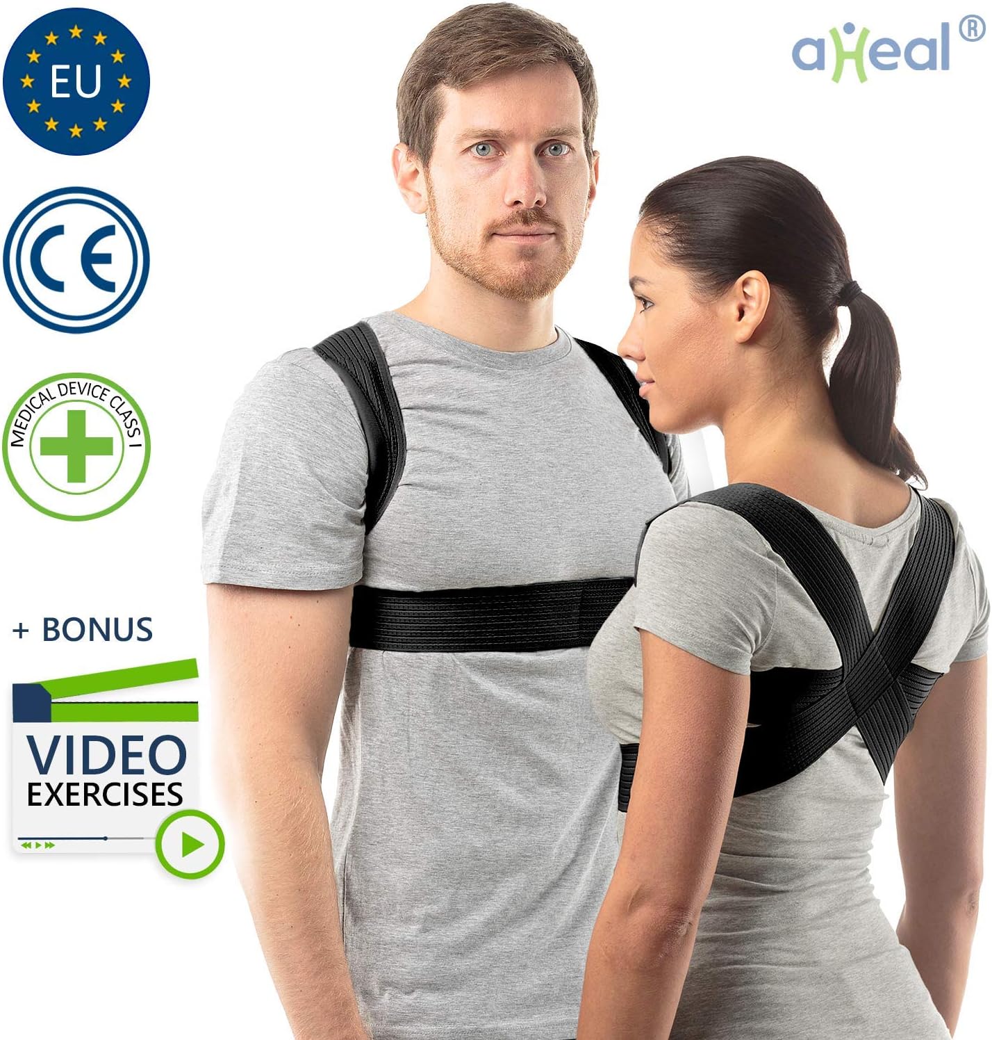 Posture corrector for women and men by aHeal | Back support for good posture | Orthopedic back brace for scoliosis and kyphosis | Back pain relief and bad posture corrector | Size 2 Black