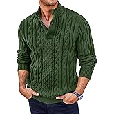 Runcati Mens Cable Knit Pullover Sweater Casual Stand Collar Chunky Buttons Fall Winter Sweaters