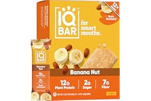 IQBAR Brain and Body Plant Protein Bars - Banana Nut - 12 Count, Low Carb, High Fiber, Gluten Free, Vegan Snacks - Low Sugar 